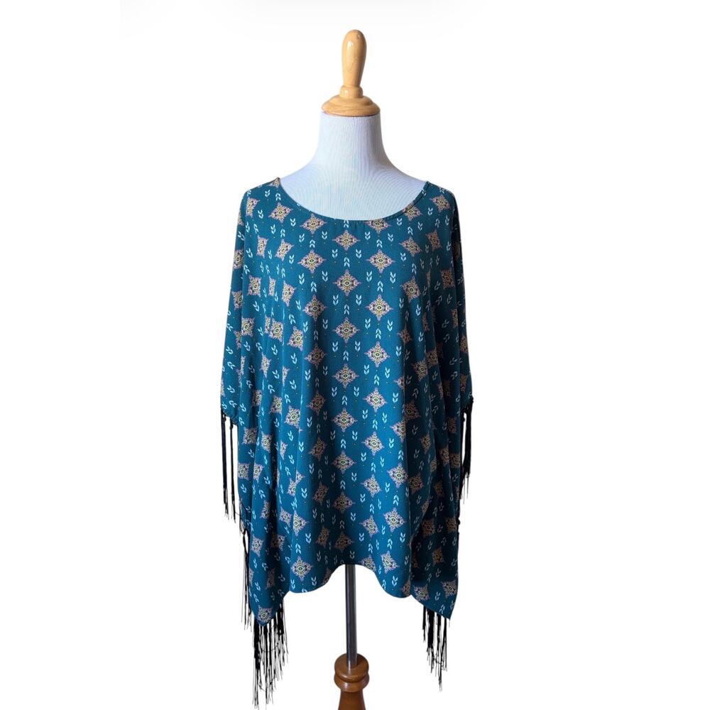 Wrangler Aztec Print Kaftan Fringe Sleeve Western Tunic Blouse Sz L Country
